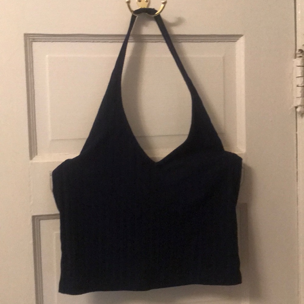 Navy ribbed crop halter top